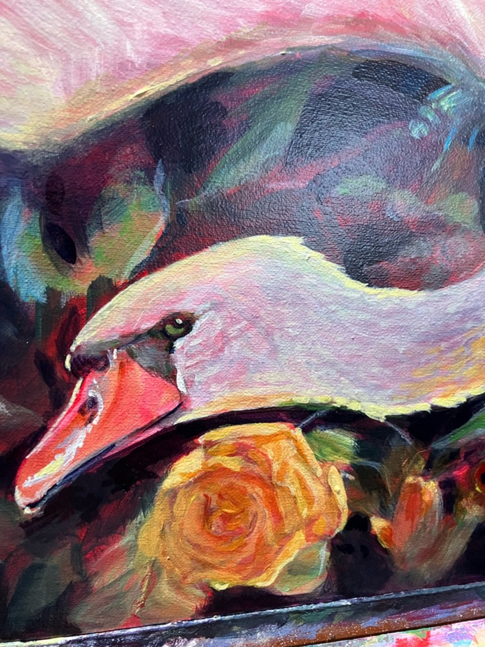 Swan original painting yellow rose garden surrealism art Artettina USA - Picture 3 of 8